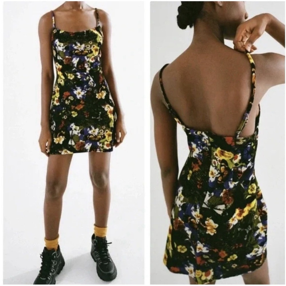 Urban Outfitters Mallory Slip Dress S Black Floral Butterfly Velvet Cowl Mini